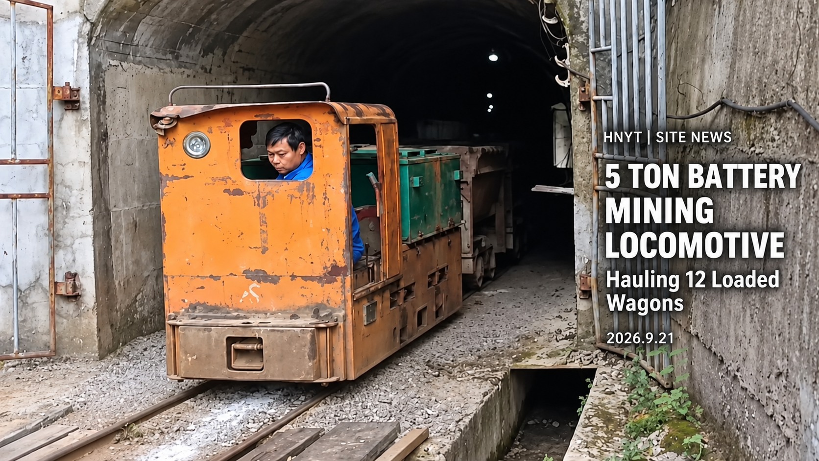 5 Ton Battery Mining Locomotive Hauls 12 Loaded Wagons to the Unloading Po